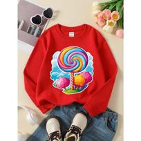 Kids Sweatshirt Youthful Crewneck Sweatshirt Featuring a Vibrant Candy Lollipop Tree Scene, Washable in a Machine 110 raudona