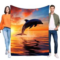 Vibrant Sunset Ocean Blanket with Leaping Dolphin - Cozy Large Throw for Bed or Sofa - Perfect for Beach Lovers and Nature Enthu Size: 75*100cm, Weight: 230 GSM