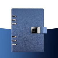 A5 Size Leather Binder Brand Logo Hollow Out Design 6 Ring Binder Loose Leaf Refillable Agenda Notebook with Fingerprint Lock (Blue,A5,Finger lock,16gb&normal pen,80 sheets) mėlyna