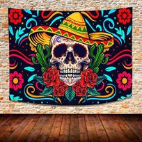 Trippy Skull Tapestry Psychedelic Mexican Sugar Skull Tapestry Botanical Flower Cactus Peach Skin Fabric Wall Art Tapestries for 100X70CM