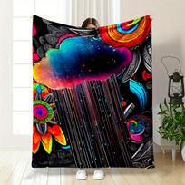 A Vibrant Cloud Emitting Colorful Rain On a Psychedelic Floral Backdrop. for All Seasons Blanket Lunch Break Throw Gift 75X95CM