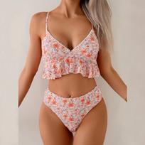 Sexy Lace Trim Backless Two Piece Solid Sling Bikini Swimsuit For Women S rožinė