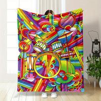 Vibrant Drum Kit Surrounded by Colorful Geometric Shapes and Patterns. for All Seasons Blanket Lunch Break Throw Gift 75X95CM
