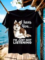 Funny Siberian Husky  I Hear You... Not Listening  Graphic T-shirt - Heavy-Faced Husky Design S įvairiaspalvis