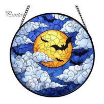 Stained Glass Style Wall Art Halloween Suncatcher Ornament, Vintage Hanging Window Decor with Pumpkin Ghost Bat Witch Haunted House Displays A