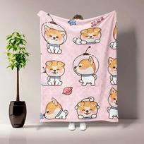 Pink Cute Astronaut Shiba Inu Print Throw Blanket, Cartoon Space Puppy Star Planet Pattern Soft Flannel Cozy Blanket, Warm Decor Size: 75*100cm, Weight: 230 GSM
