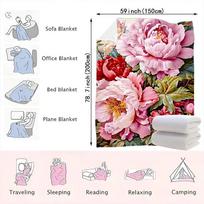 Peony Blush Red Floral Throw Blanket Soft Lush Textured Design with PinkRed Peonies GoldenYellow Stamens Green Leaves Size: 75*100cm, Weight: 230 GSM