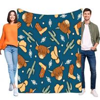 Highland Cow Cowboy Boots Cactus Hat Blanket Western Soft Flannel Fleece Throw for Bed Sofa Living Room Decor Gift Size: 75*100cm, Weight: 230 GSM