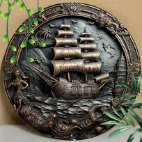 Aluminum Round Wall Art Pirate Ship 3D Metal Decoration Home Office Coffee Shop Decor 20x20