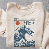Hokkaido Wave Sweatshirt, Retro Japanese Surf Shirt, Ukiyo-e Great Wave Graphic Shirt, Vintage Japan Beach Style Top, Retro Japan Sweater S