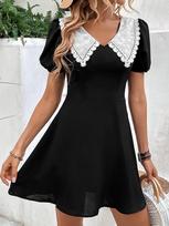 Summer sweet and spicy short skirt European and American contrasting color doll collar bubble sleeve short sleeve dress women's clothing XS juoda