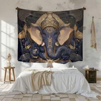 Bohemian Wind Blue Gold Elephant God Tapestry Indian Mythology Art Atmosphere Room Decoration 100X70CM