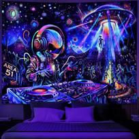 Galoker Blacklight Alien UFO Tapestry Trippy Galaxy Planet Tapestry UV Reactive Funny DJ Music Wall Tapestries Plant Cactus Tapestries Wall Hanging 100X70CM