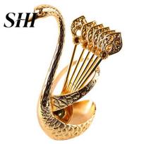Dessert Spoon Cutlery Set Creative Shape Bright Color Rustproof Corrosion Resistant Polished Surface Mixing Stirring with Swan Shaped Storage auksinė