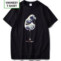 100 Cotton Kanagawa Surf T Shirt Unisex Noodles Wine Glass Artistic Design Black Great Wave Tee Tops Male Tshirts S įvairiaspalvis