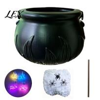 Dark Fantasy Party Props Light Up Witch Cauldron DIY Set, Halloween Glowing Black Plastic Bowl with Spiders, Bucket Spooky Hocus Pocus Candy A