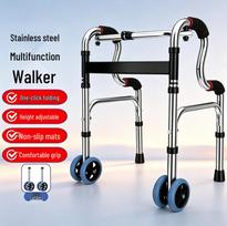 Sulankstomas reguliuojamo aukščio nerūdijančio plieno vaikštynė su ratukais senjorams Double Bend Walker + Double Wheels juoda