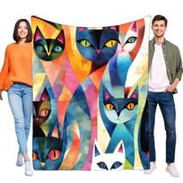 Vibrant Abstract Geometric Cat Art Blanket, Ultra-Soft Cozy Fleece Throw for Bed Sofa Couch Decor, Unique Cat Lover Gift & Moder Size: 75*100cm, Weight: 230 GSM