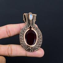 Garnet & Moonstone Gemstone Pure Copper Wire Wrap Handmade Jewelry Pendant 2.56 Inches raudona