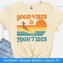 Good Vibes High Tides Shirt, Retro Surf Sunset Tee, 70s Beach Graphic T Shirt, Surfer Gift, Ocean Lover Gift, Surfing Lover Tee S