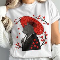 Cat in Kimono T-Shirt, Japanese Art, Cat Art T-Shirt, Cherry Blossom Tee | Geisha Cat Tee S