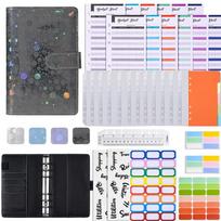 2023 A6 Spiral Loose-Leaf Pu Leather Budget Binder Notebook Planner with Cash Zipper Envelopes for Budgeting (Black,0&A6 13*19*40mm) juoda