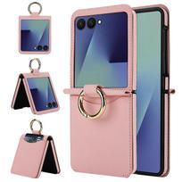 Odinė piniginė su kortelių lizdais, telefono dėklas su žiedu-laikikliu, skirtas Samsung Galaxy Z Flip 7 FE 6 5 4 Flip7 Flip6 Flip5 Flip4, piniginės dangtelis Galaxy Z Flip7 rožinė