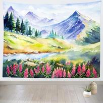 Minimalist Landscape Tapestry: Blue-Violet Mountains and Pink Floral Beds Living Room, Bedroom, Study Feature Wall 100X70CM