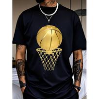 Golden Basketball Hoop Graphic Print Men's Cotton T-Shirt Casual Short Sleeve Crew Neck Tee S