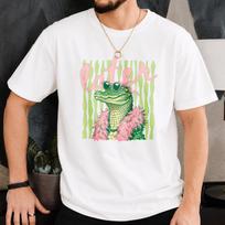 Later Glam Alligator Graphic Tee, Feather Boa Gator Retro Top, Striped Pastel Reptile Cotton Shirt,Trendy Fashion Croc Unisex Casual Apparel 4XL
