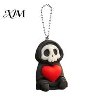 Grim Reaper Hanging Pendant Holding Heart Keychain Charm, 3D Printed Gothic Skull Decor with Halloween Ball Chain, Backpacks Bags Purse Decoration, B