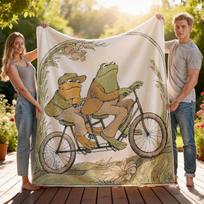 Frog Toad Tandem Bike Flannel Throw, Cozy Living Room Decor, Best Friends Gift for Birthdays Christmas Easter Valentine's Size: 75*100cm, Weight: 230 GSM