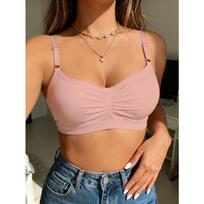 Women's Seamless Ruched Bralette Wireless Push Up Bralette with Adjustable Straps Comfortable Ribbed Bra for Daily Wear S rožinė