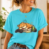 Sleepy Shiba Inu Gamer Dog Shirt, Kawaii Gaming Tee, Unisex Cotton Comfort M