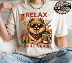 Relax Chill Vibes Dog Shirt, Funny Pomeranian Tee, Coffee Lover Dog Shirts, Comfort Colors Cute Puppy T shirt L
