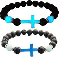 Luminous Volcano Stone Bead Bracelet Ethnic Style Cross Bangle Men’s Beaded Bracelet  Friend mėlyna
