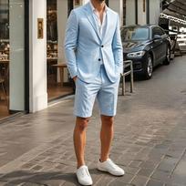 Sky Blue Summer Men Suits with Short Pants 2 Pieces Beach Men Suits Casual Lightweight Blazer Shorts Set for Holiday Party S kūdikio mėlyna spalva