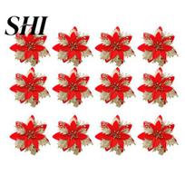 Long-lasting Christmas Decoration 12/24Pcs Artificial Flower Glitter Leaves Red Golden Silver-color Layered Xmas Tree Wreath Fake Party Photo 12pcs raudona