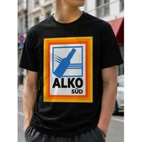 Men's Black Alko Sud Graphic T-Shirt With Retro Bottle Logo, Short Sleeve Crew Neck Cotton Tee For Casual Streetwear And Summer Outfits S juoda