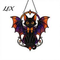 Dark Aesthetic Room Decor Halloween Bat Cat Suncatcher, Stained Glass Style Acrylic Sun Catcher, Gothic Window Hanging Black Ornament for Home juoda
