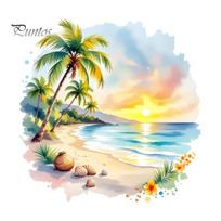 Self Adhesive Window Cling Sunset Palm Tree Seaside Wall Decal, Watercolor Summer Beach Landscape Sticker, Round Decal Tropical Coconut Art A