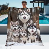 Husky Family Chiffon Blanket, Lightweight Portable Throw for Travel, Soft Warm Winter Design, All Season Cozy Home Decor Size: 75*100cm, Weight: 230 GSM