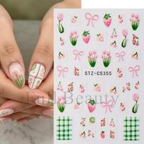 1pc Spring Floral Plaid Cute Strawberry Tulip Adhesive Nail Stickers, Nail Art Stickers, Holiday Gift STZ-CS355