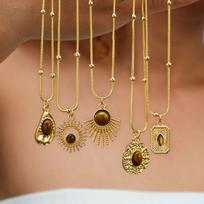 Cross-border Autumn/Winter Maillard-hued Asymmetric Tigers Eye Copper Sporty Beads Sweater Chain Necklace Women Light Luxury