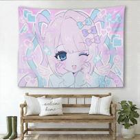 Kawaii Anime Girl Tapestry, Pastel Pink Blue Y2K Aesthetic Wall Hanging, Needy Girl Overdose Inspired Decor for Bedroom Dorm 100X70CM