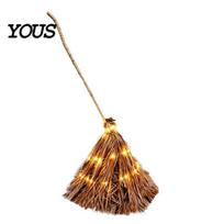 Decorative Metal Burlap Broom 5.5 Ft Giant Light-up Witch Broom, Vintage Twig with String Light, Style Halloween Ornament Rustic Farmhouse Fall