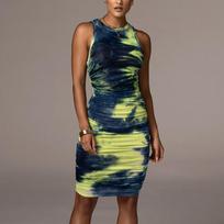 Women Boho Summer Sexy Sleeveless Sling Tie- Printed Loose Dress L žalia