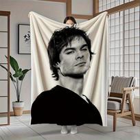 1pc Vampire Diaries Damon Flannel Blanket,All Season Cozy Fleece Blanket for Bedroom,Living Room,Camping,Holiday Home Decor Gift Size: 75*100cm, Weight: 230 GSM