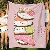 Happy Sushi Asian Influence Throw Blanket Fun Unique All Season Sofa Bed Chair Living Room Decor Gift for Boys Girls Blankets Size: 75*100cm, Weight: 230 GSM