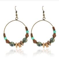 Bohemia Earrings for Women Ethnic Big Circle Round Rings Vintage Metal Wooden Beads Earing brown